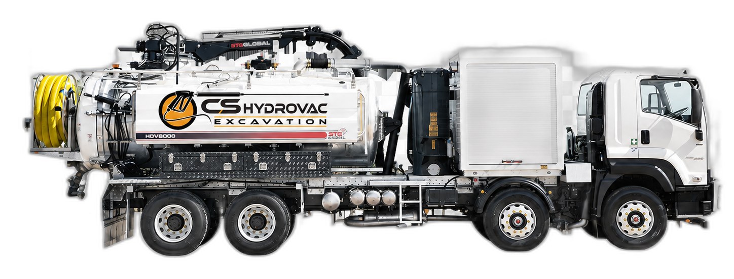 CS Hydrovac 8,000L combination unit — HDV8000 on an Isuzu chassis carrying a high-pressure drain cleaning jetter