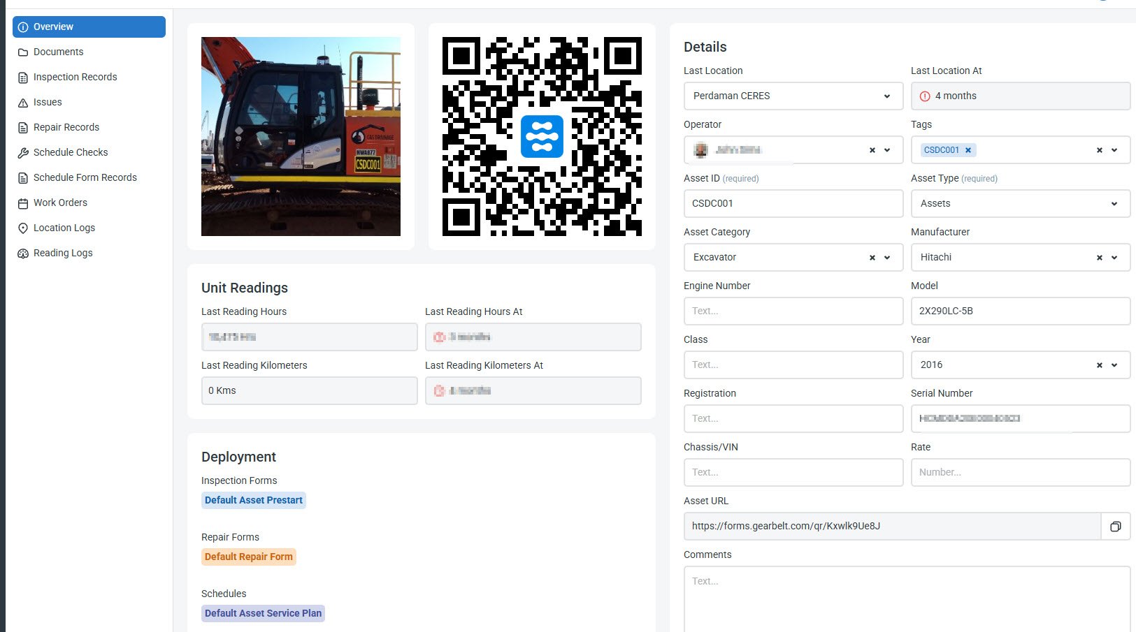 Digital asset record for a C&S excavator — QR code, inspection records, service plan and unit readings