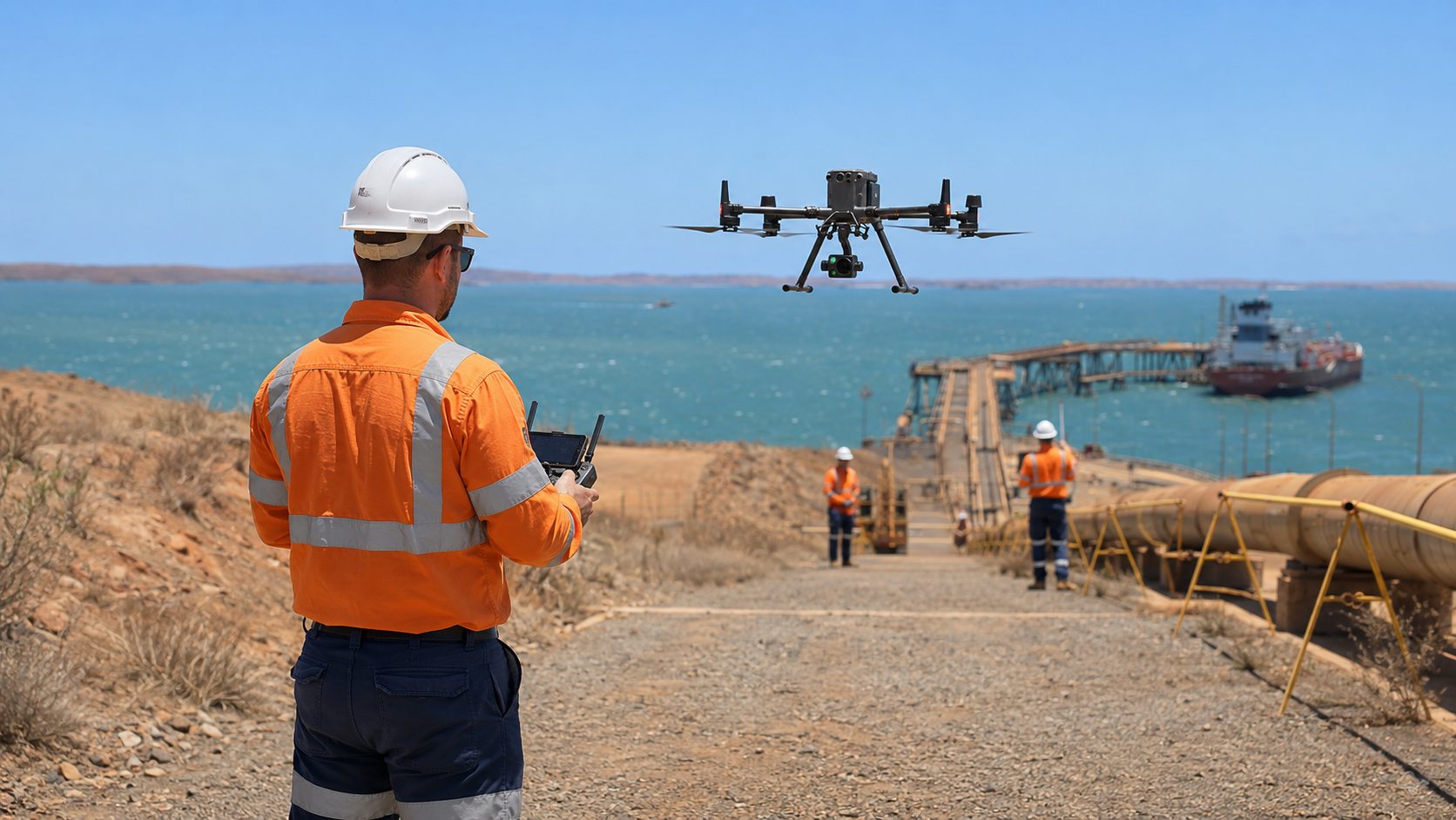 C&S operator flying a survey drone over a coastal work site
