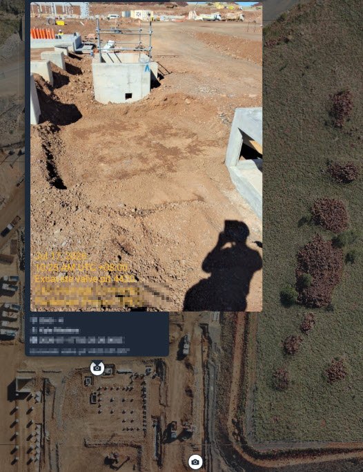 GPS-located site photo pinned to an aerial map with time, author and task reference
