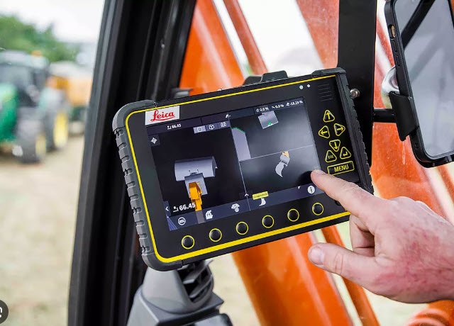 Leica GPS machine-control tablet in an excavator cab