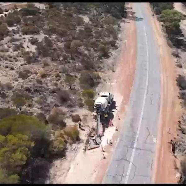 Aerial drone view of road widening works near Wongan Hills
