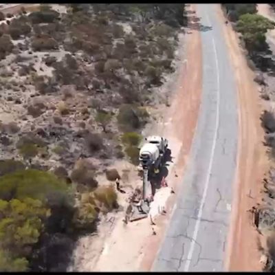 Aerial drone view of road widening works near Wongan Hills
